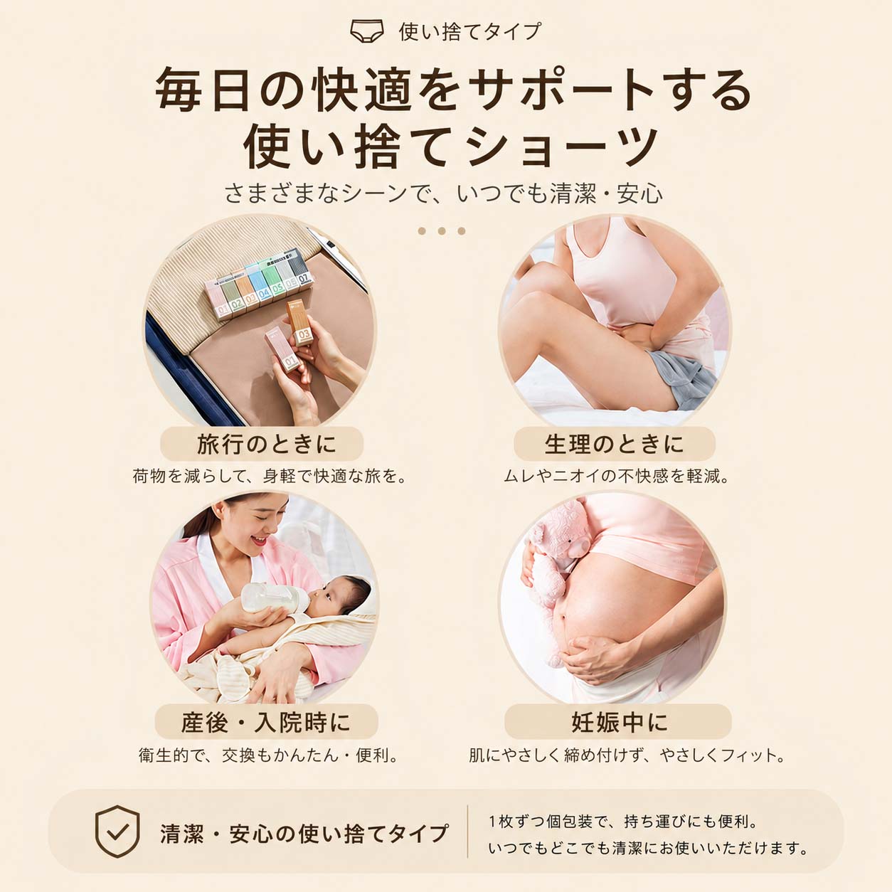 使い捨て コットンショーツ 5枚入 各色1枚 個包装 使い捨てパンツ 使い捨て下着 レディース 旅行用ショーツ 防災用品 入院 出張 生理 産後 災害備蓄 携帯下着 使い切り 下着 綿素材 通気性 軽量 コンパクト 施術用 旅行 入院 介護 インナー 防災備蓄用 下着 - Nopra（ノプラ）公式 / 月経カップ・月経ディスク